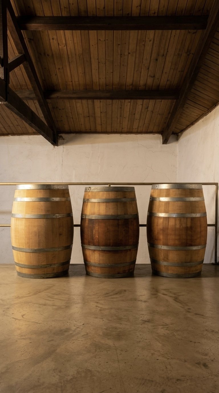 Barricas de roble en la bodega Ruggeri