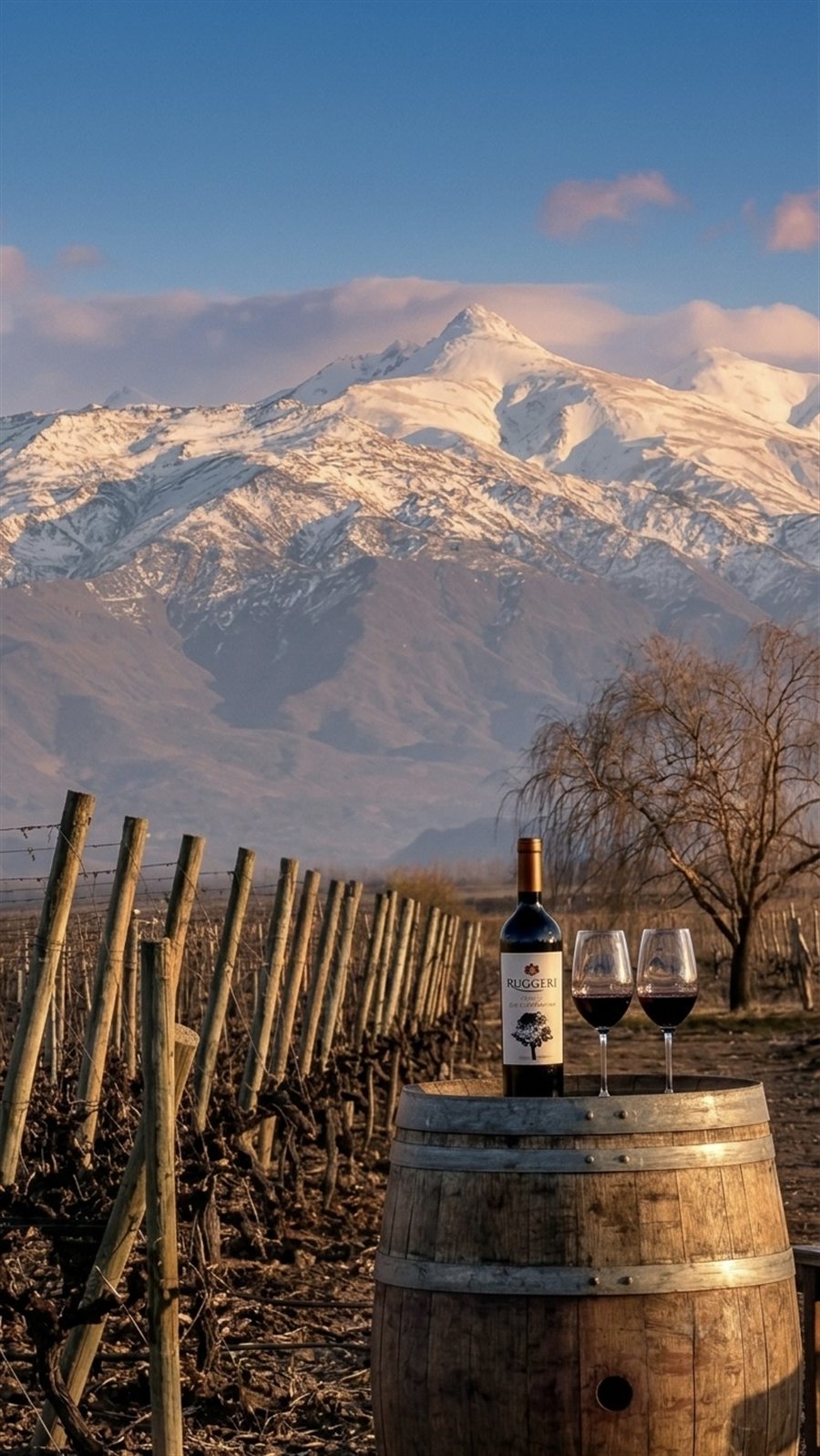Copa y botella Ruggeri con la Cordillera de los Andes de fondo