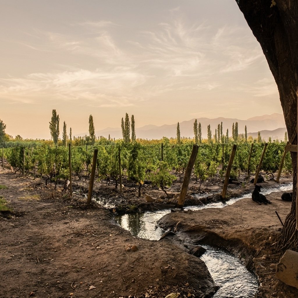 Viñedo de Ruggeri al atardecer con la Cordillera de los Andes de fondo
